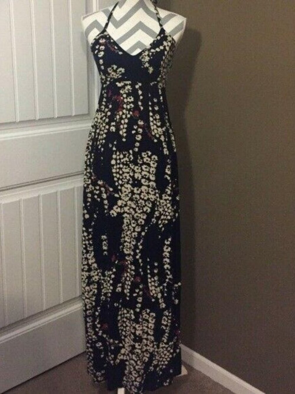 Express Blue White Floral Print Maxi Halter Dress